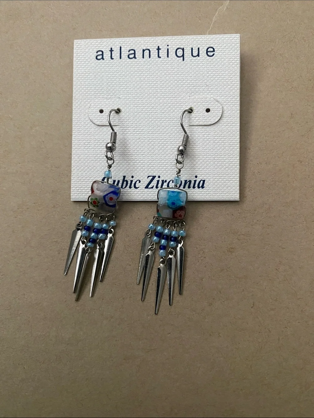Antique Blue Multi-Bead Dangle Earrings with Silver Spikes
